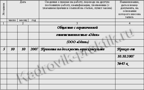 все основные запись в трудовой о приеме директора ооо термобелье каждый день